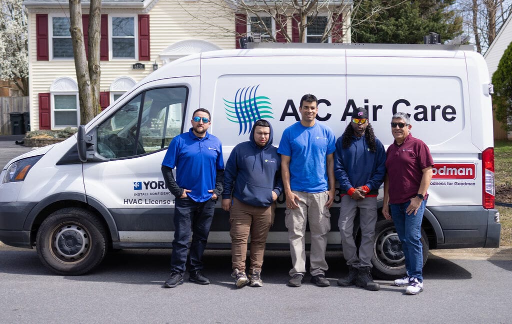 five ac air care heating service and repair technicians in Elkridge, MD